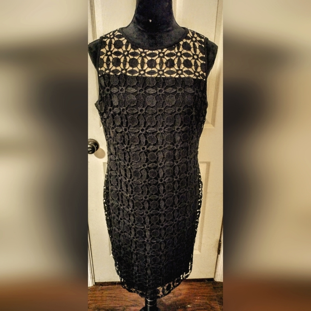 Lauren By Ralph Lauren Black Cocktail Plus 14 Lace Geometric Pattern Dress